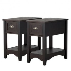 Set of 2 Contemporary Side End Table with Drawer -Natural