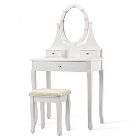 3 Drawers Lighted Mirror Vanity Dressing Table Stool Set-Black