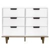 Modern Mid-Century Style 6-Drawer Double Dresser in White Walnut Wood Finish