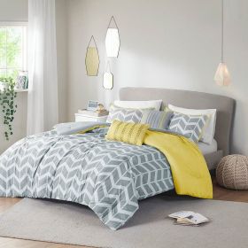 King / Cal King Reversible Comforter Set in Grey White Yellow Chevron Stripe