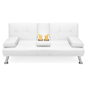 White Faux Leather Convertible Sofa Futon with 2 Cup Holders