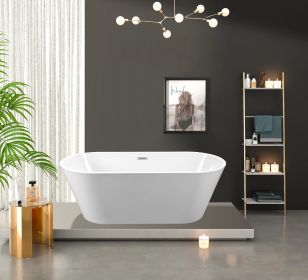 Acrylic Freestanding Bathtub-Acrylic Soaking Tubs, Oval Shape Freestanding Bathtubs With Chrome Overflow and Pop Up Drain - Gloss White