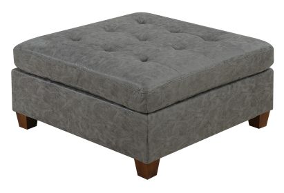 Living Room Furniture Tufted Cocktail Ottoman Antique Grey Breathable Leatherette 1pc Cushion Ottoman Seat Wooden Legs - as Pic