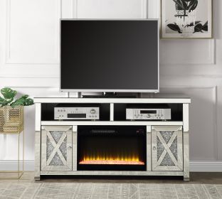 ACME Noralie TV STAND W/FIREPLACE Mirrored & Faux Diamonds LV00318 - as Pic