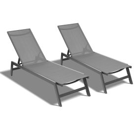 Outdoor 2-Pcs Set Chaise Lounge Chairs,Five-Position Adjustable Aluminum Recliner,All Weather For Patio,Beach,Yard, Pool(Grey Frame/Dark Gray Fabric)