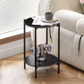 2-layer End Table with Tempered Glass and Marble Tabletop;  Round Coffee Table with  Metal Frame for Bedroom Living Room Office - Black+Black+Marble