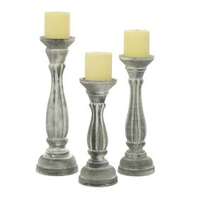 DecMode Traditional Gray Carved Wood Candle Holder with Whitewashed Finish, Set of 3 15", 13", 11"H