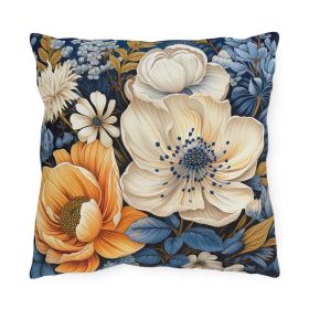 Decorative Outdoor Pillows With Zipper - Set Of 2, Blue Floral Block Print Illustration